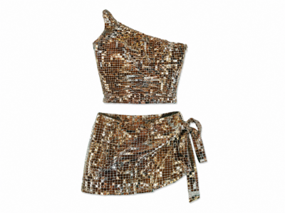 Gold Sequin One-Shoulder Two-Piece Costume (Solo Performance Set) – Intermediate / Small Senior